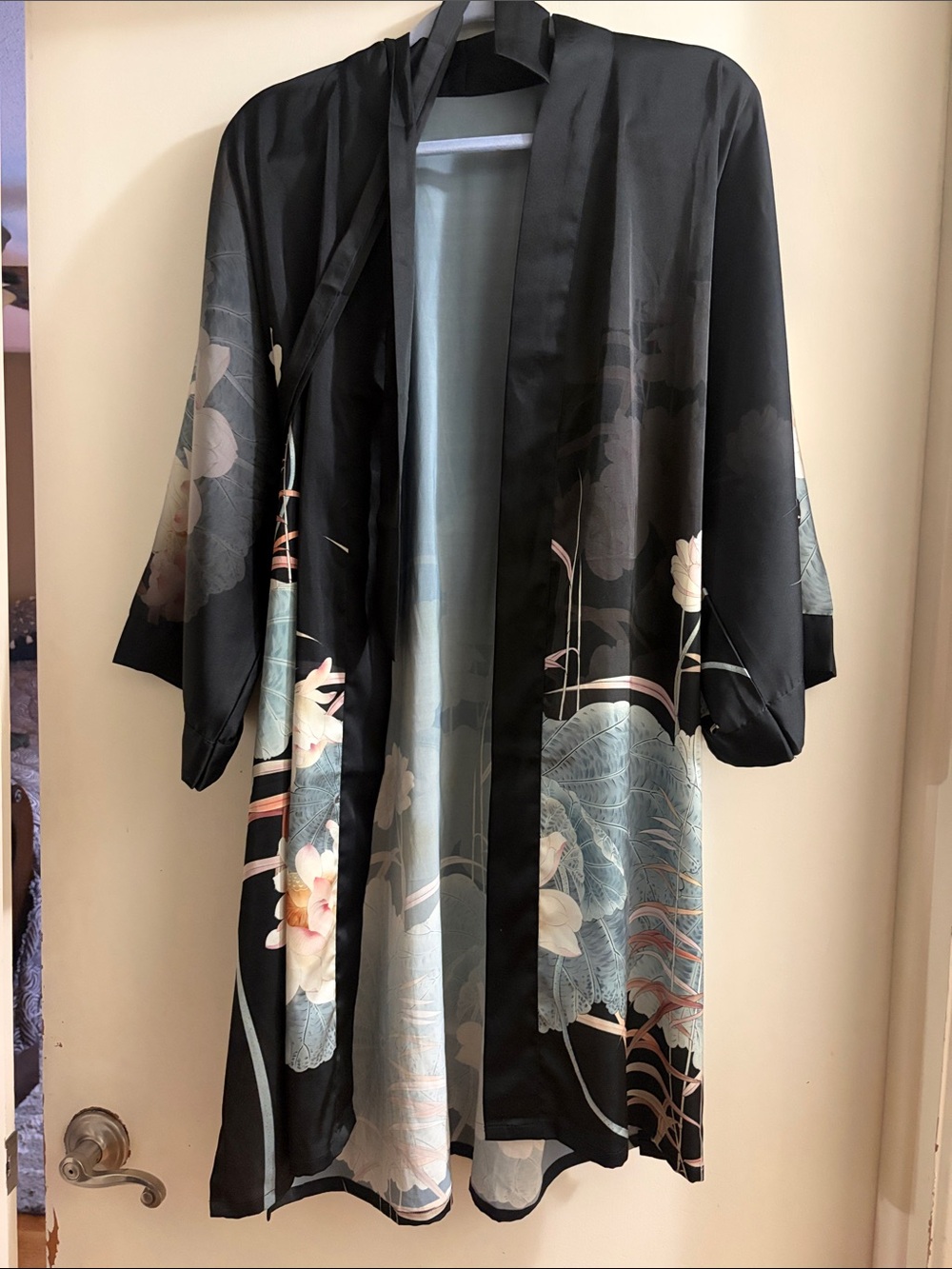 Black Floral Satin Kimono-Style Robe with Pale Blue Accents